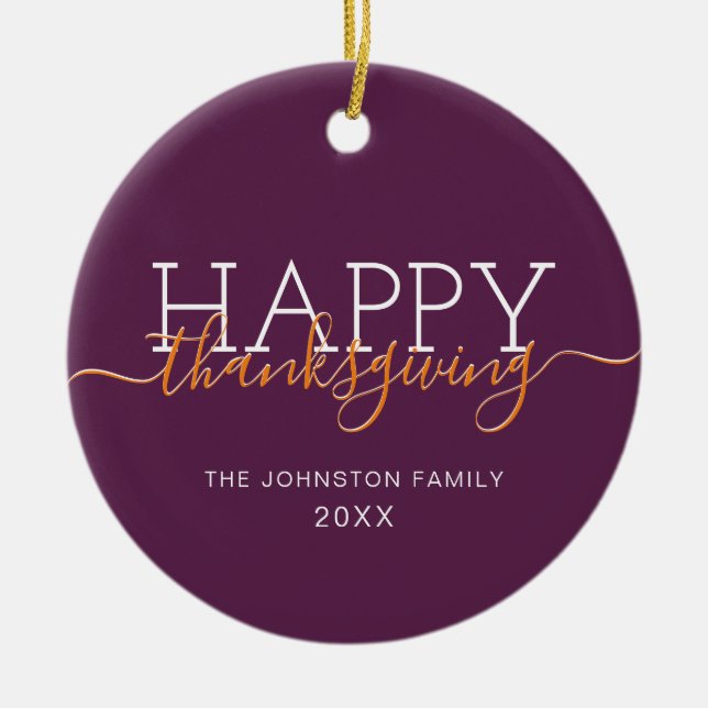 Dark purple Happy thanksgiving Ceramic Tree Decoration (Front)