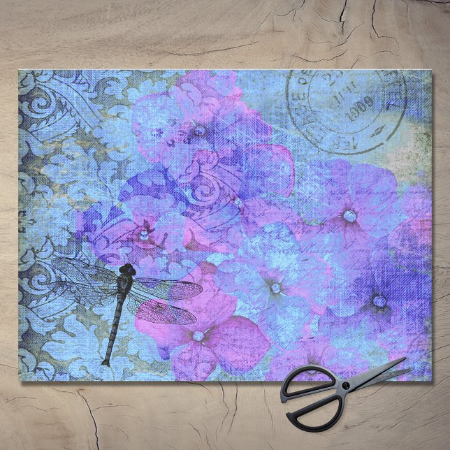 Dark Purple Hydrangea Dragonfly Postmark Decoupage Tissue Paper (Creator Uploaded)