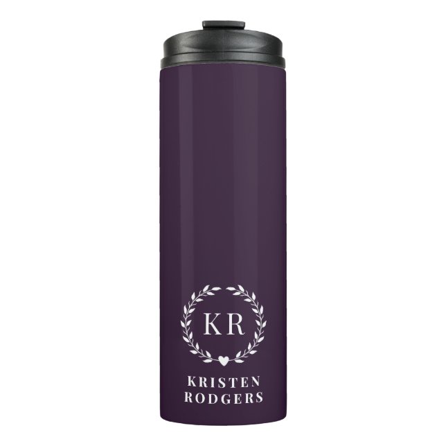 Dark Purple Laurel Wreath Crest Monogram Thermal Tumbler (Front)