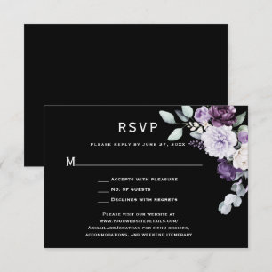 Dark Purple, Lavender Peony, White Rose Black RSVP Card
