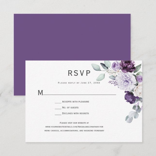 Dark Purple, Lavender Peony, White Rose Floral RSVP Card (Front/Back)