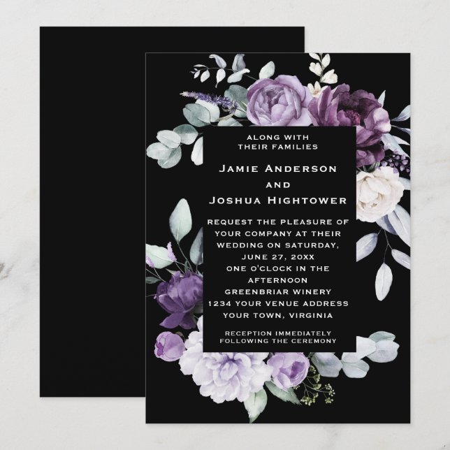Dark Purple, Lavender, White Floral Black Wedding Invitation (Front/Back)