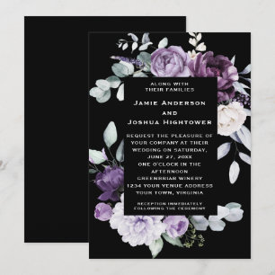 Dark Purple, Lavender, White Floral Black Wedding Invitation