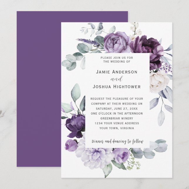 Dark Purple, Lavender, White Floral Wedding Invitation (Front/Back)