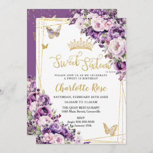 Dark Purple Lilac Blush Floral Roses Sweet 16 Invitation