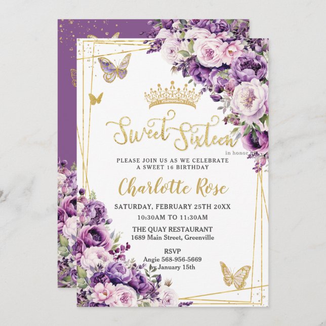 Dark Purple Lilac Blush Floral Roses Sweet 16 Invitation (Front/Back)