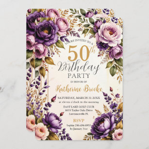 Dark Purple Lilac Blush Vintage Floral Birthday Invitation