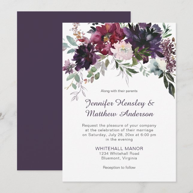 Dark Purple, Mauve, Red, Pink Floral Wedding Invitation (Front/Back)
