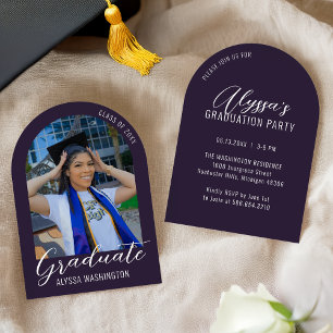 Dark Purple Modern Arch Photo Graduation Party Invitation