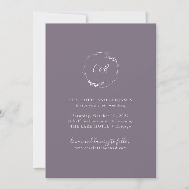 Dark Purple Monogram Floral Wreath Script Wedding Invitation (Front)