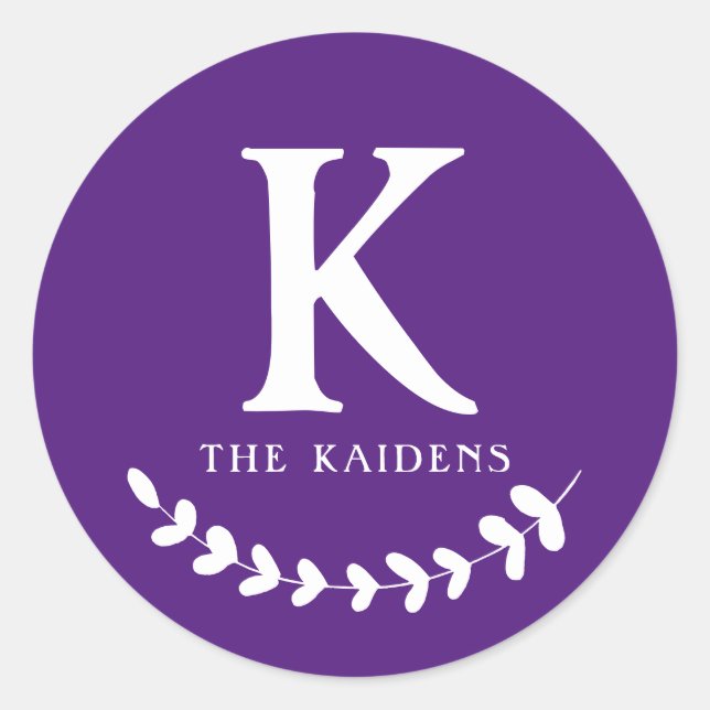 Dark Purple Monogram Initial & Family Last Name Classic Round Sticker (Front)
