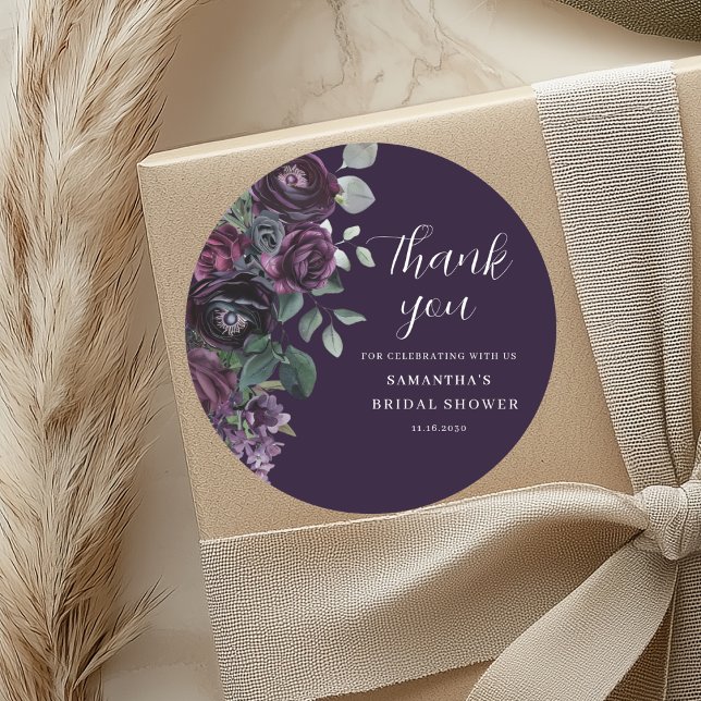 Dark Purple Moody Floral Bridal Shower Classic Round Sticker (Creator Uploaded)