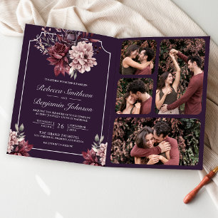 Dark Purple Moody Floral Frame QR Code Wedding Invitation