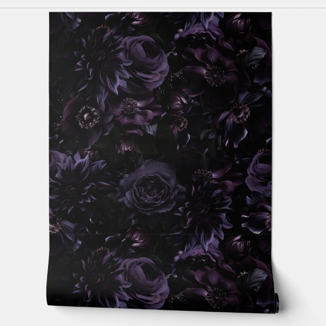 Dark Purple Moody Gothic Peonies Florals Night  Wa Wallpaper (Unrolling)