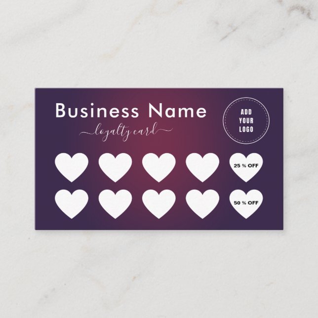 Dark Purple Ombre Minimalist Add Logo Social Media Loyalty Card (Front)