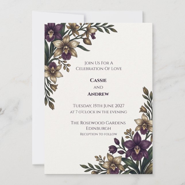 Dark Purple Orchid Wedding Invitation (Front)
