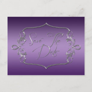 Dark Purple Ornate Silver Save The Date Announcement Postcard