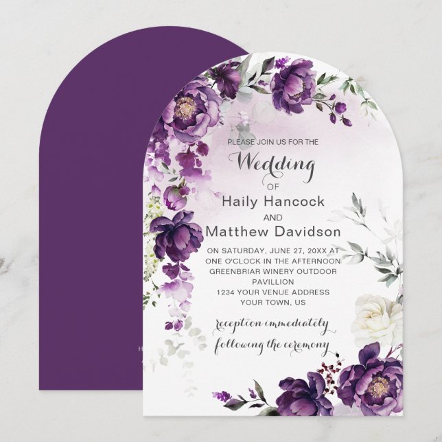 Dark Purple Peonies Arched Wedding Invitation (Front/Back)