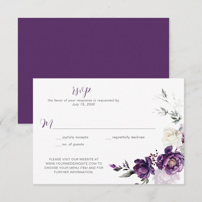 Dark Purple Peonies Floral Wedding RSVP (Front/Back)