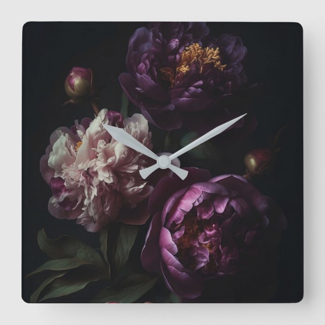 Dark Purple Peonies Flower Bouquet Oil Still Life Square Wall Clock (Front)