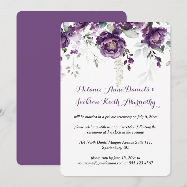 Dark Purple Peonies Reception Only Wedding Invitation (Front/Back)