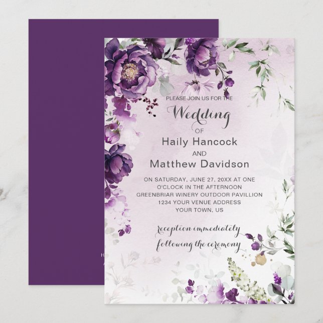 Dark Purple Peonies Wedding Invitation (Front/Back)