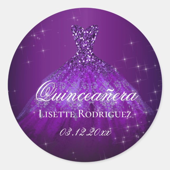 Dark Purple Personalised Quinceanera Classic Round Sticker (Front)