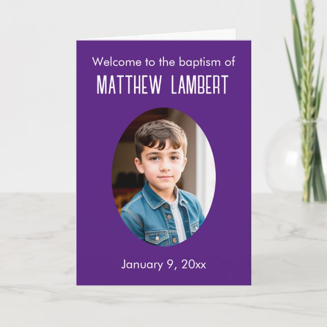 Dark Purple Photo Front Polka-Dot Folded Baptism Programme (Front)