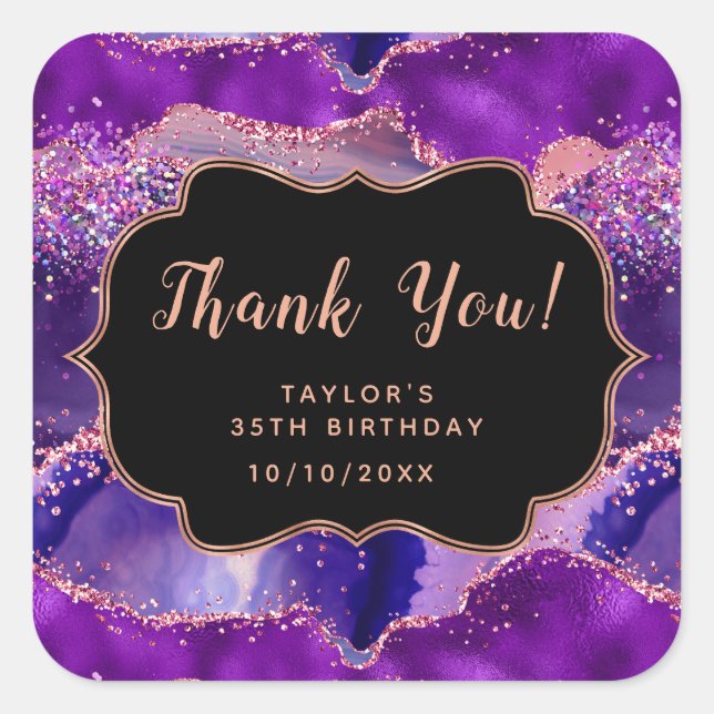 Dark Purple Pink Sequins Agate Birthday Thank You Square Sticker (Front)