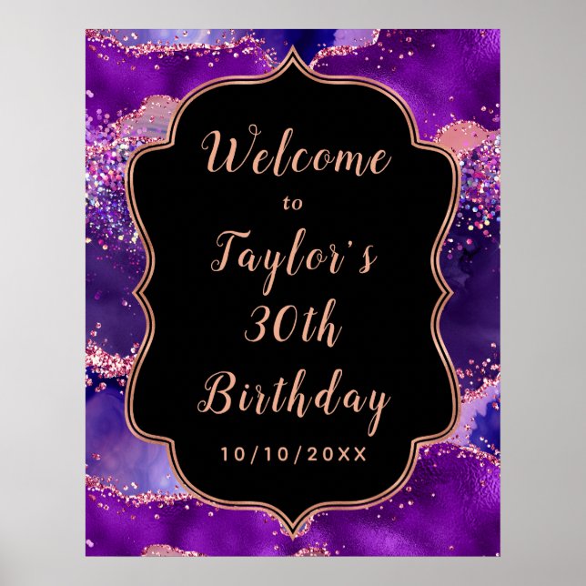 Dark Purple Pink Sequins Agate Birthday Welcome Poster (Front)