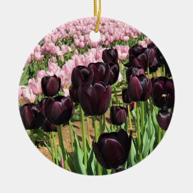 Dark Purple & Pink Tulips Ceramic Tree Decoration (Front)