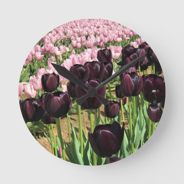 Dark Purple & Pink Tulips Round Clock (Front)