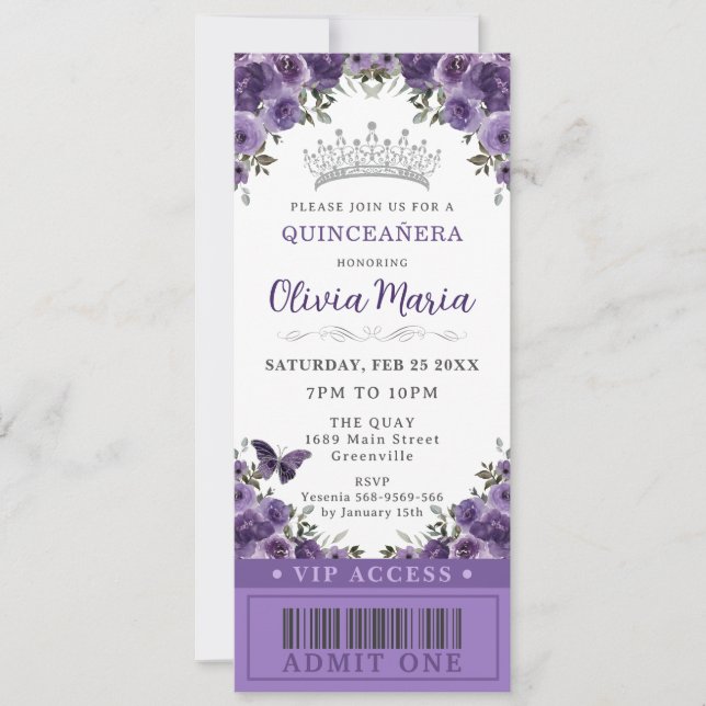Dark Purple Plum Floral Quinceañera VIP Ticket Invitation (Front)