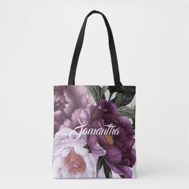 Dark Purple Plum Pink Peonies Greenery | Tote Bag (Front)