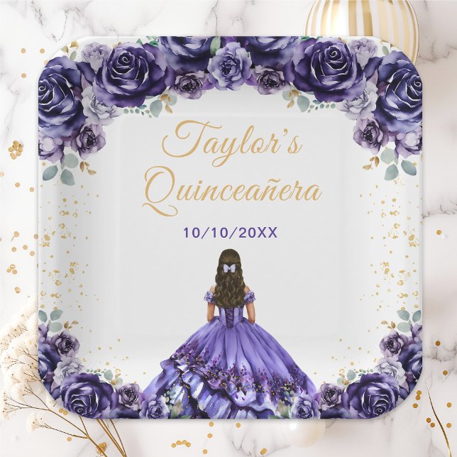 Dark Purple Princess Floral Quinceañera Paper Plate (Creator Uploaded)
