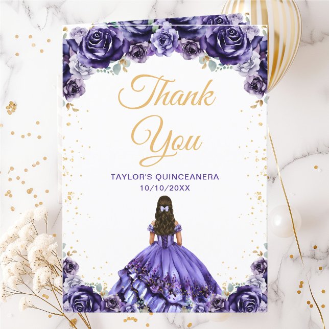 Dark Purple Princess Floral Quinceañera Thank You Card (Creator Uploaded)