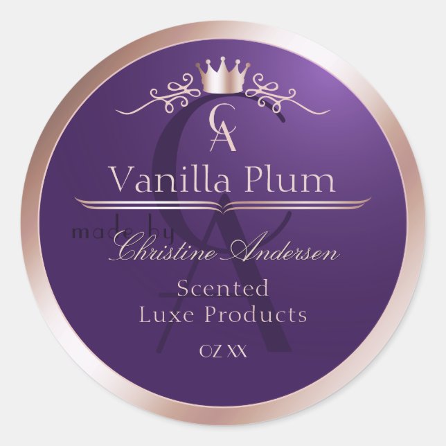 Dark Purple Product Label Rose Gold Frame Monogram (Front)