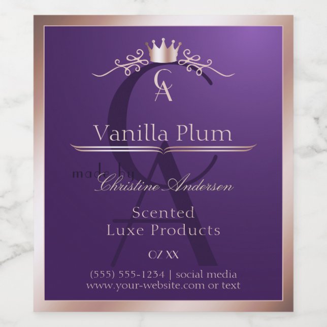 Dark Purple Product Label Rose Gold Frame Monogram (Single Label)