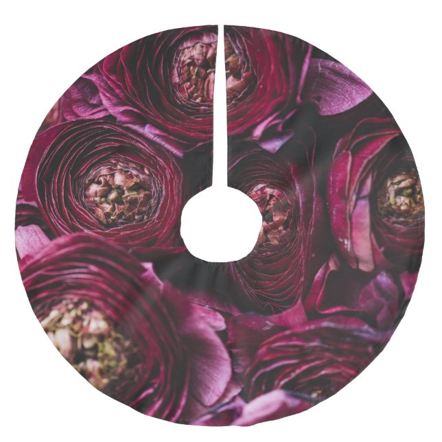 Dark Purple Ranunculus, Blossoming Close-Up. Brushed Polyester Tree Skirt (Front)