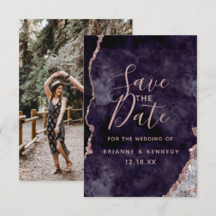 Dark Purple Rose Gold Agate Marble Photo on Back Save The Date