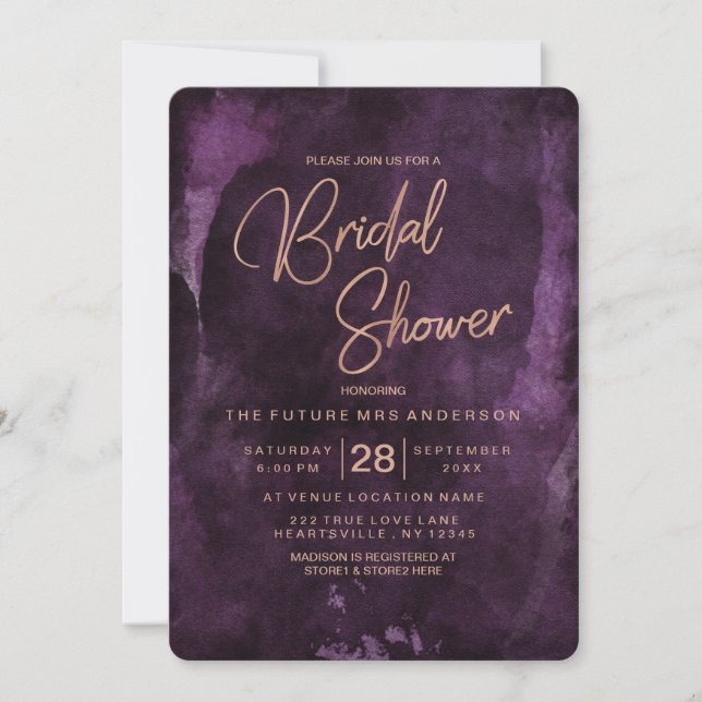 Dark Purple & Rose Gold Bridal Shower Invitation (Front)