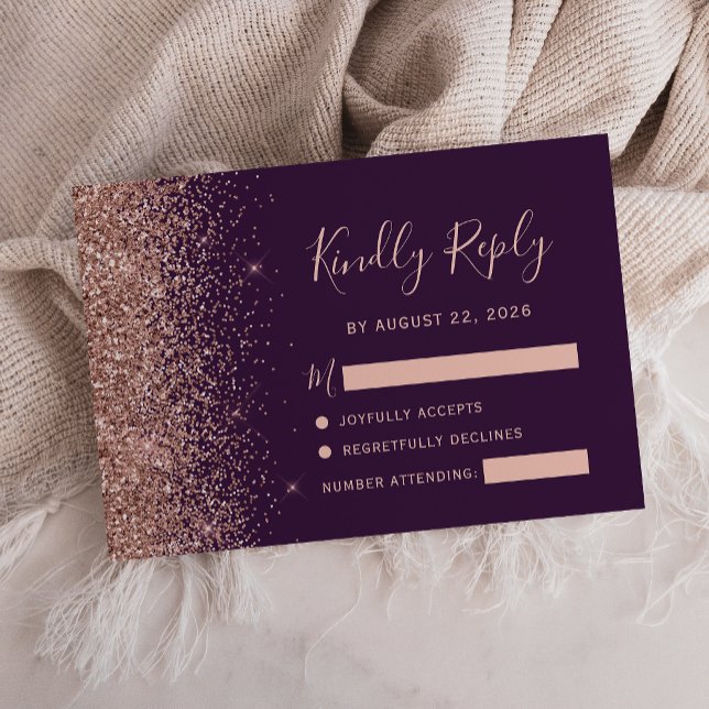 Dark Purple Rose Gold Faux Glitter Edge RSVP Card (Creator Uploaded)