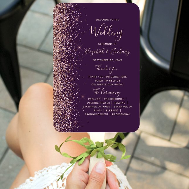 Dark Purple Rose Gold Glitter Edge Wedding Program Hand Fan (Creator Uploaded)