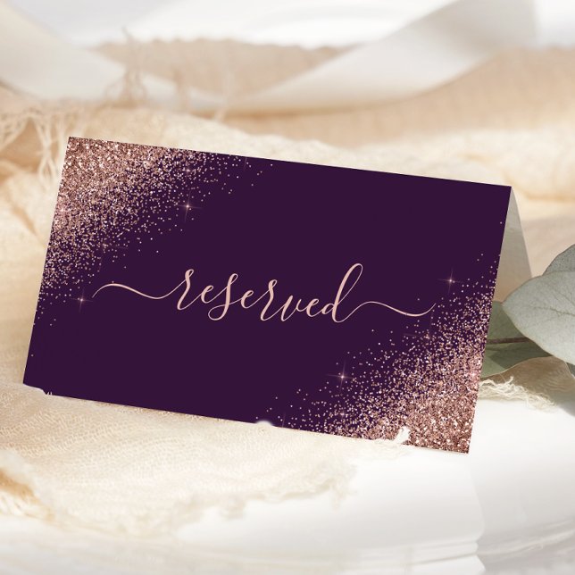 Dark Purple Rose Gold Glitter Reserved Wedding Place Card (Creator Uploaded)