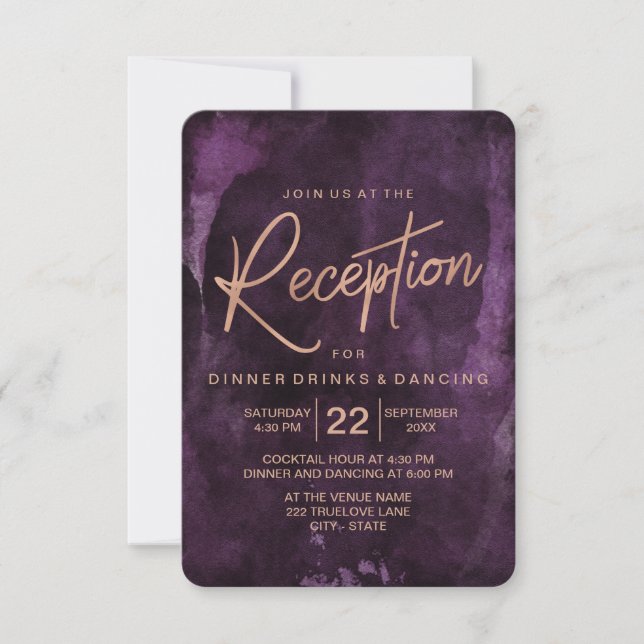 Dark Purple & Rose Gold Wedding Reception Invitation (Front)