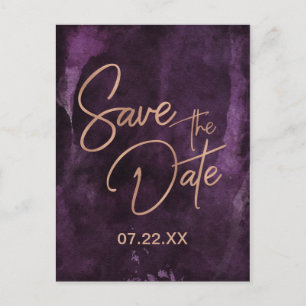 Dark Purple & Rose Gold Wedding Save the Date Announcement Postcard
