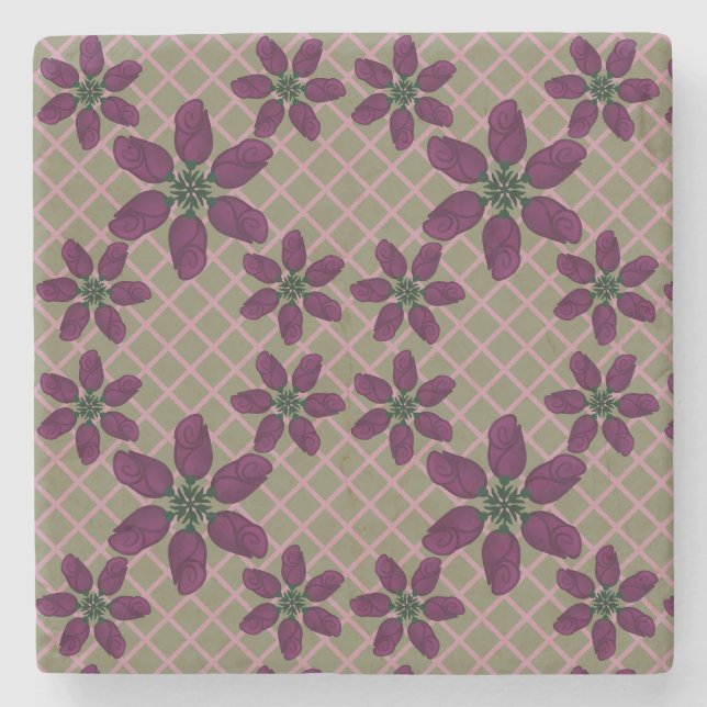 Dark Purple Rose Pattern — Elegant Plum Flora Stone Coaster (Front)