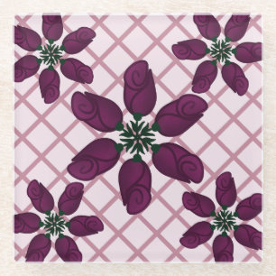 Dark Purple Rose Pattern — Elegant Plum Floral Glass Coaster