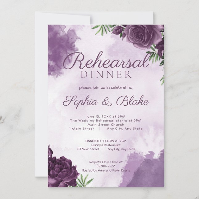Dark Purple Roses Floral Gothic Rehearsal Dinner Invitation (Front)