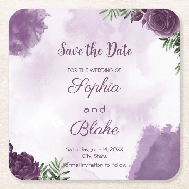 Dark Purple Roses Floral Gothic Save the Date Square Paper Coaster (Front)